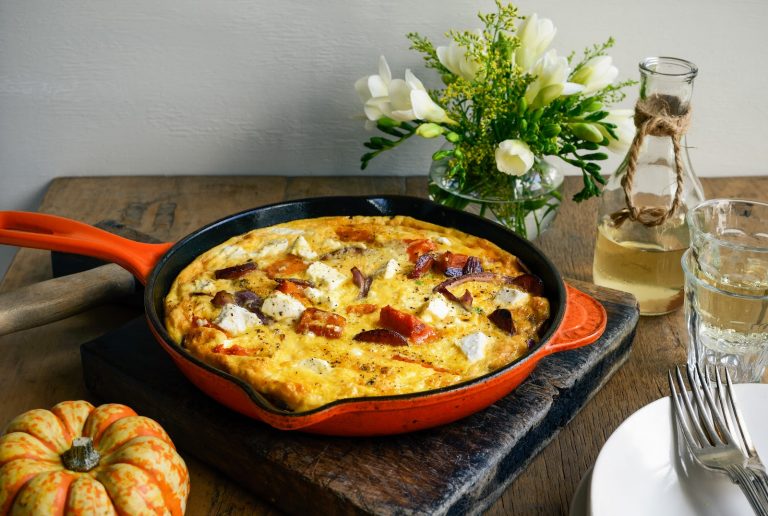 pumpkin, pea & chorizo frittata with feta & red onion