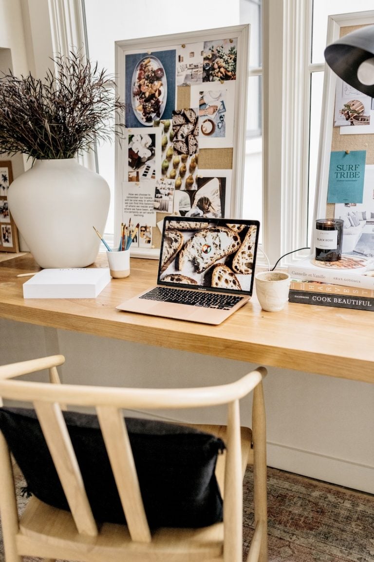 camille styles neutral home office with wood built-in desk