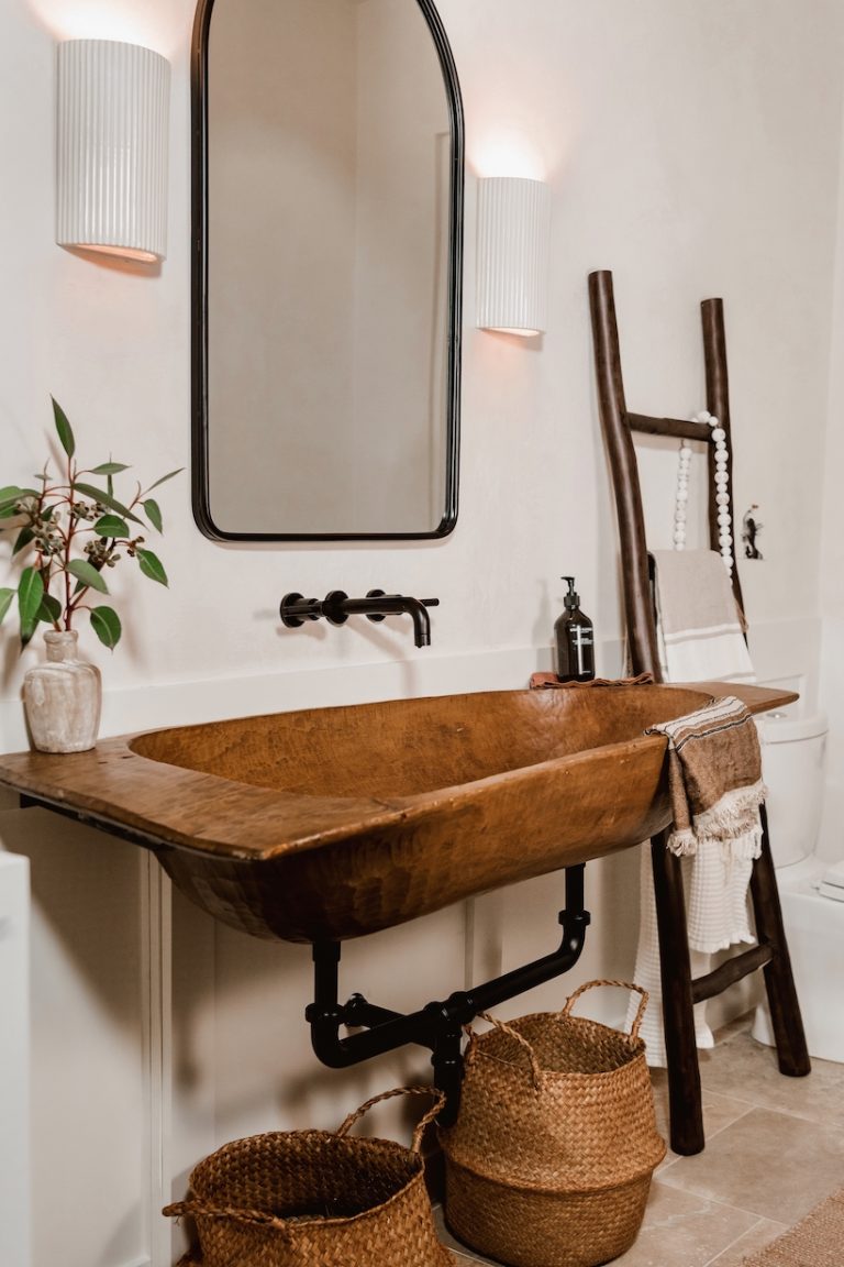 Camille Styles powder bath with rustic trough sink DIY