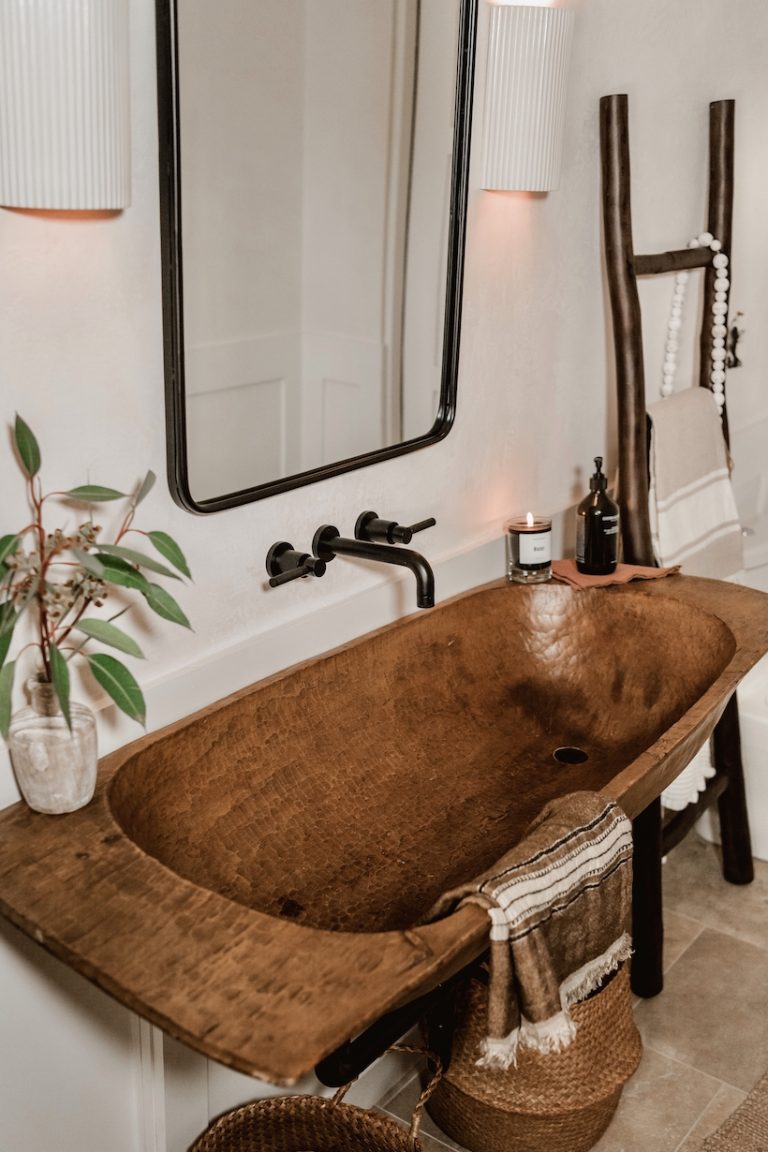 Camille Styles powder bath with rustic trough sink DIY