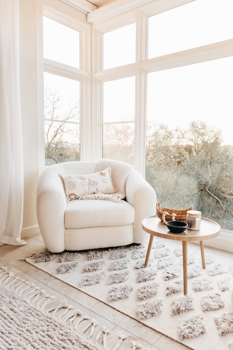 Camille Styles cozy meditation corner in bedroom at home in Austin