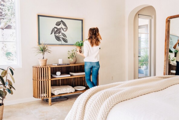 Camille Styles television console table in bedroom at home