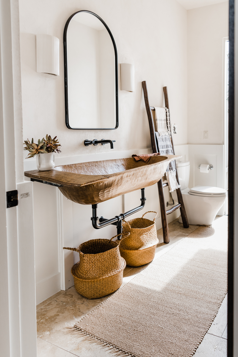 Camille Styles powder bath with rustic trough sink DIY