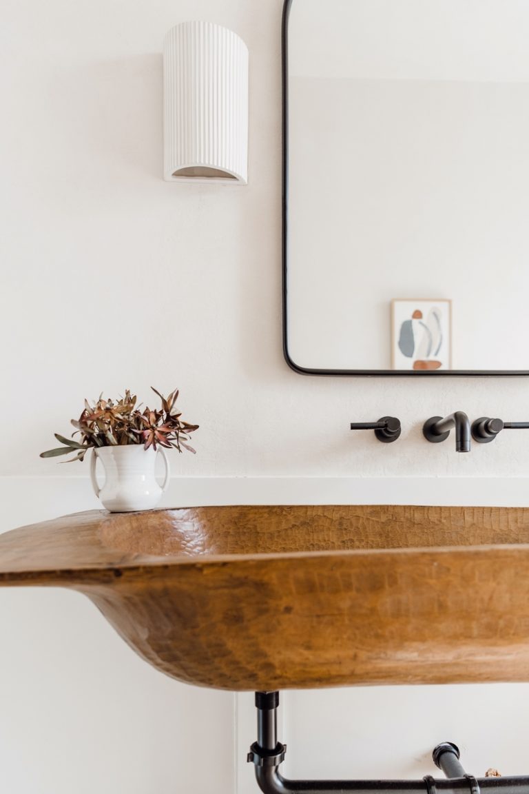 Camille Styles bathroom powder with rustic trough sink DIY