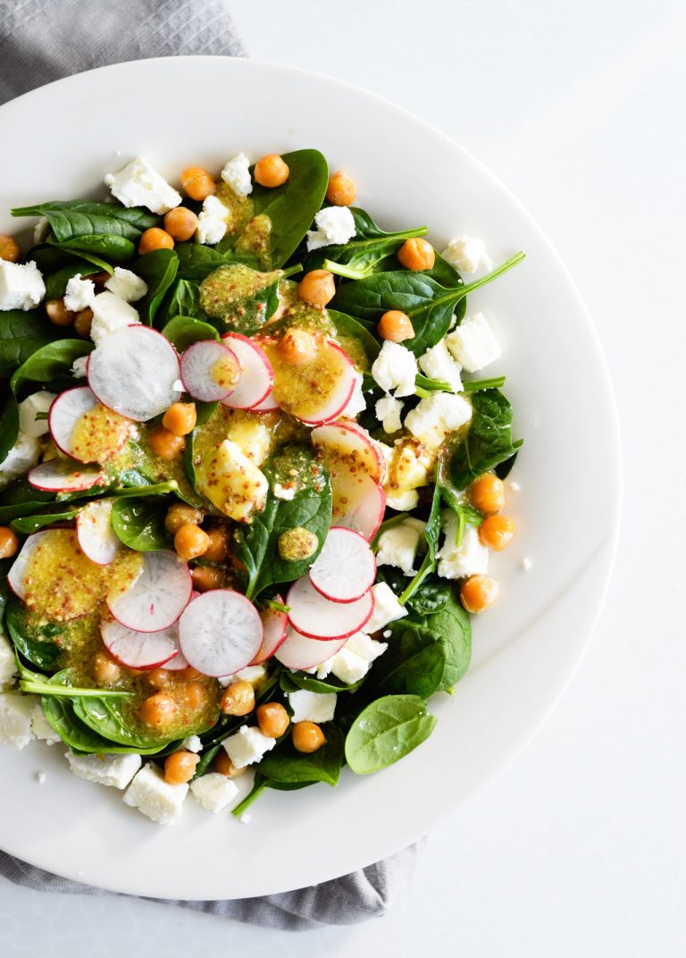 Crispy Chickpea Spinach Salad With Mustard Dressing Feta