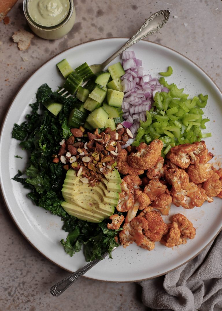 buffalo cauliflower chopped salad with basil garlic tahini dressing