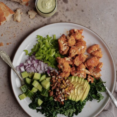 buffalo cauliflower chopped salad with basil garlic tahini dressing