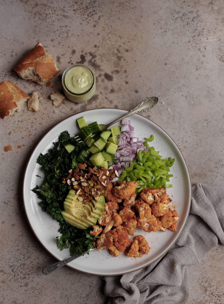 buffalo cauliflower chopped salad with basil garlic tahini dressing