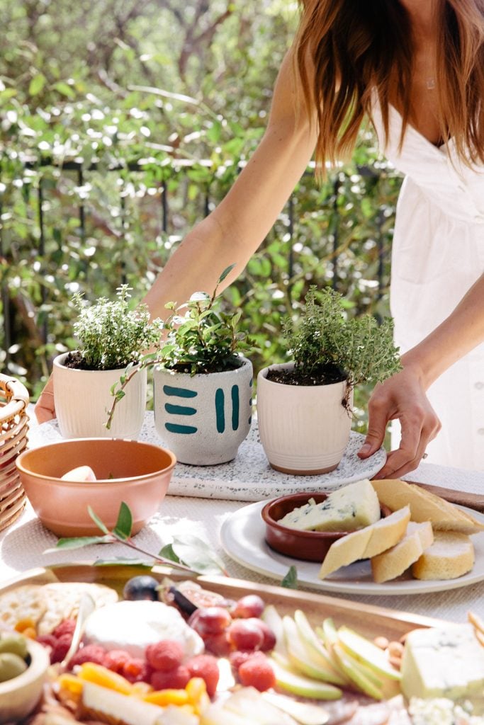 Camille Styles, DIY potted herbs in backyard party