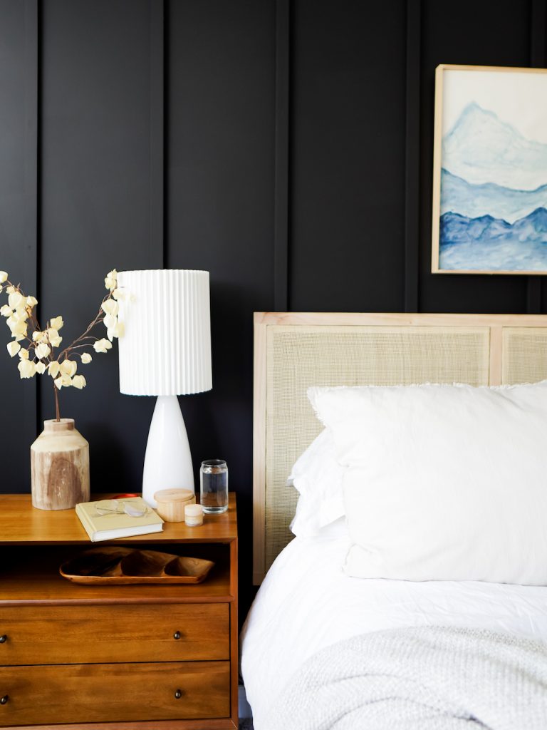 Anna Mae Groves, Stylemakers, bedroom, bedside table, lamp, navy