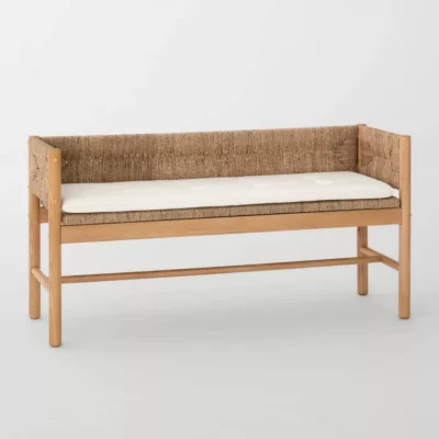 Elden Wood Bench with Woven Back and Loose Cushion Seat