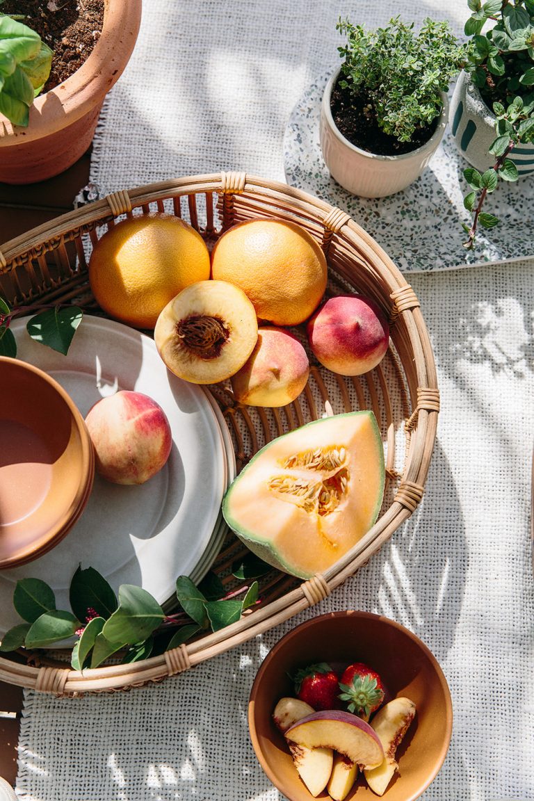 Summer products and fruits as a centerpiece on the table - Spring meeting for Mother's Day