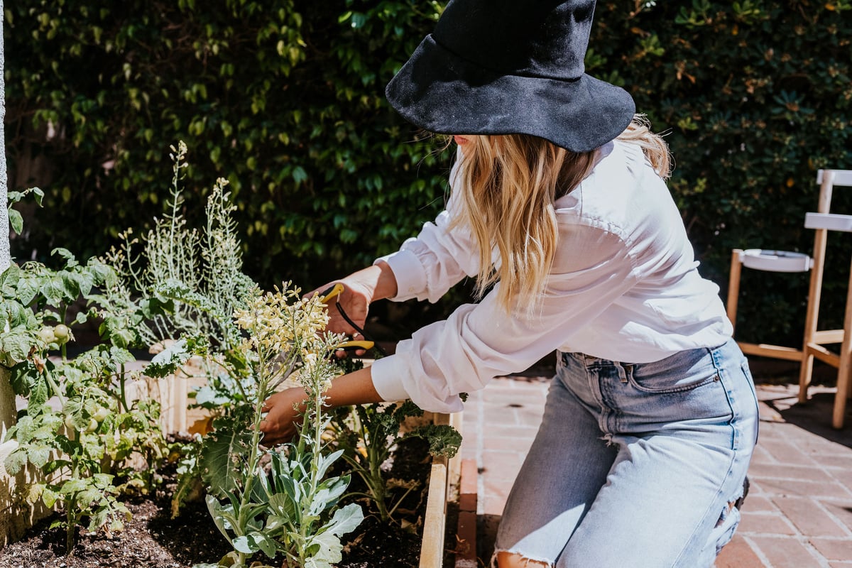 Woman gardening outside.