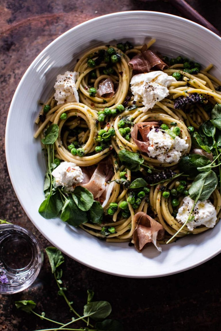 simple buttery spring pea and burrata pasta with prosciutto