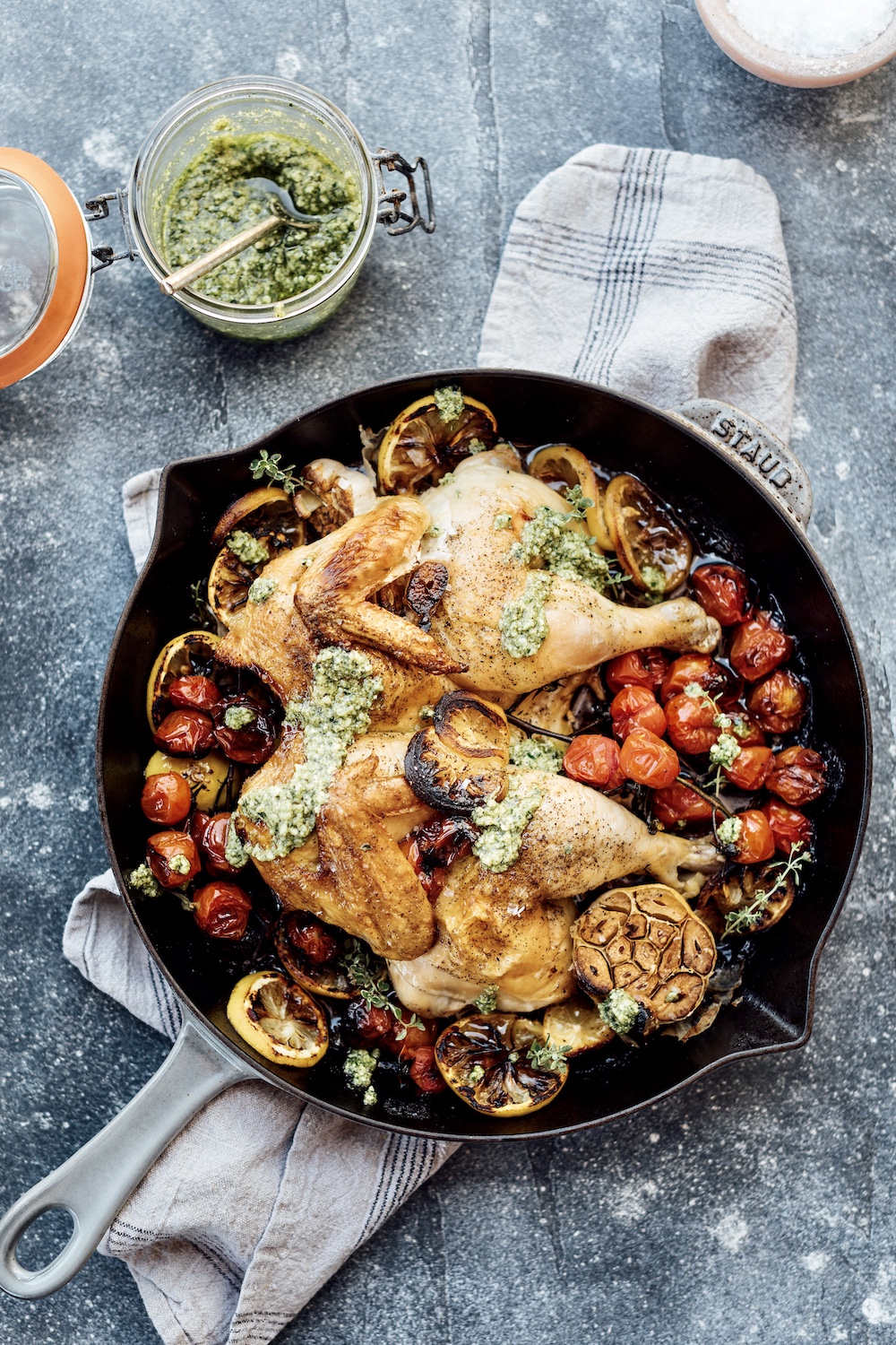 roast chicken with tomatoes, lemon, and cilantro salsa verde_high protein meals