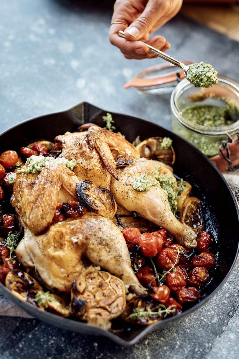 roast chicken with tomatoes, lemon, and cilantro salsa verde - best roast chicken recipe for crispy skin and juicy flavor