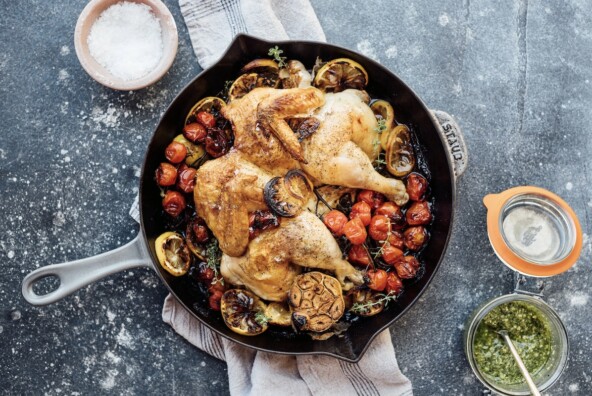 roast chicken with tomatoes, lemon, and cilantro salsa verde - best roast chicken recipe for crispy skin and juicy flavor