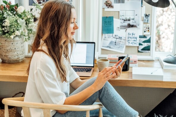 camille styles at home office desk, phone, workspace