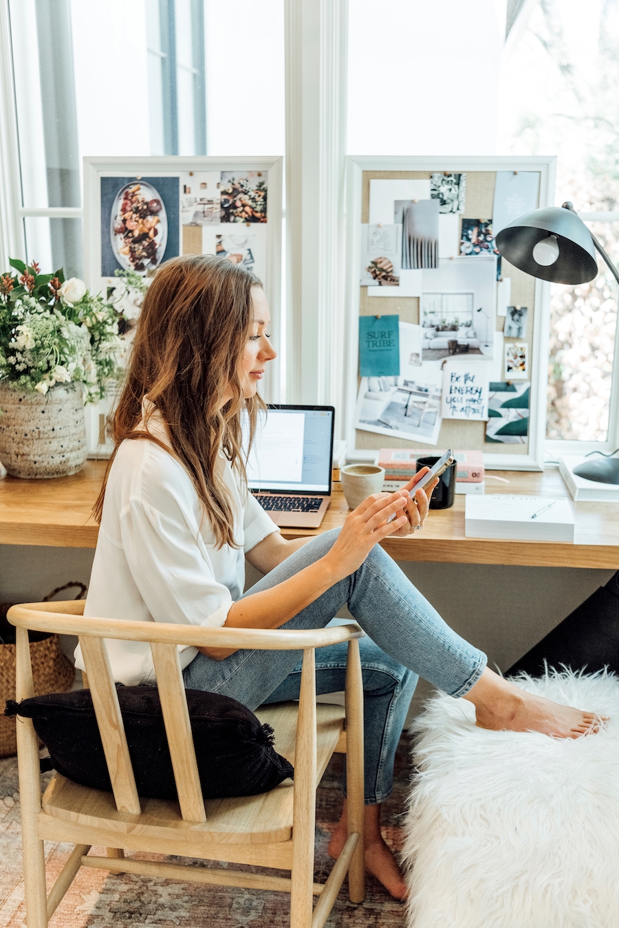 camille styles at home office desk, phone, workspace