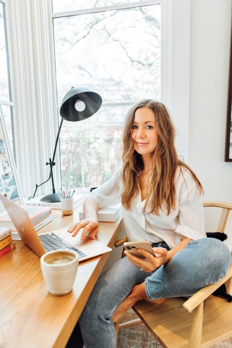 camille styles at home office desk, computer, workspace