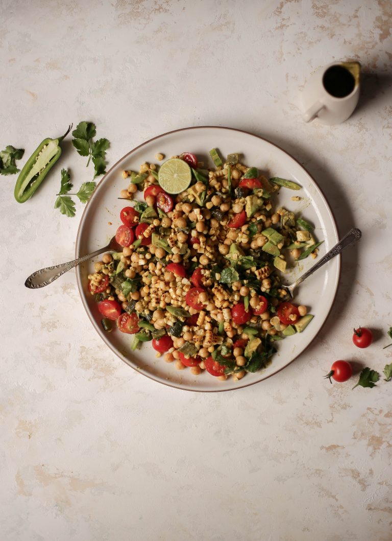 corn and chickpea salad with roasted poblano vinaigrette