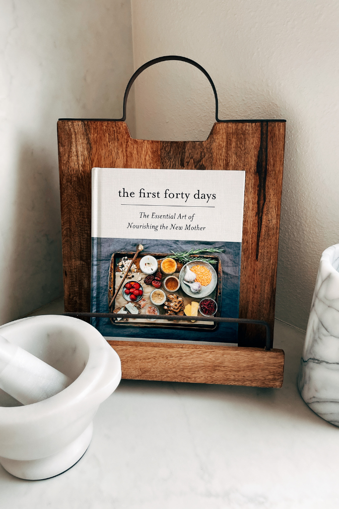 A book with postpartum recipes called "The First Forty Days"