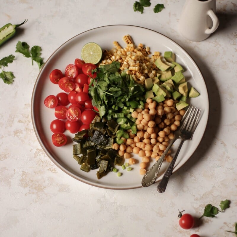 corn and chickpea salad with roasted poblano vinaigrette