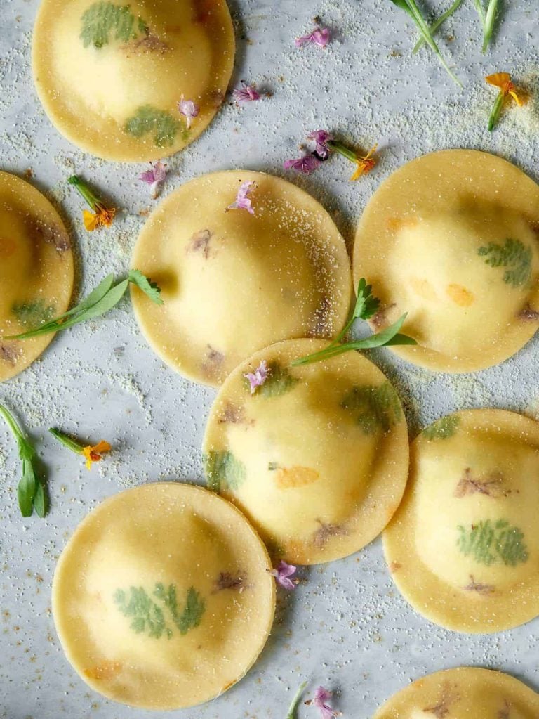 Ravioli has floral borders with Cheesy Herb-Ricotta Filling