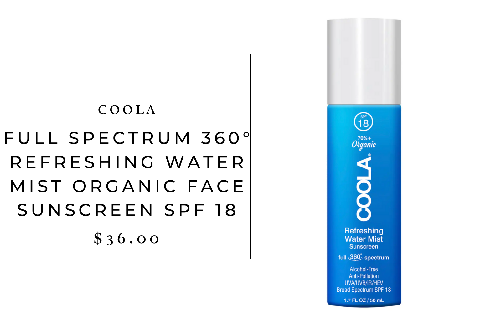 COOLA Full Spectrum 360° Refreshing Water Mist Organic Face Sunscreen SPF 18