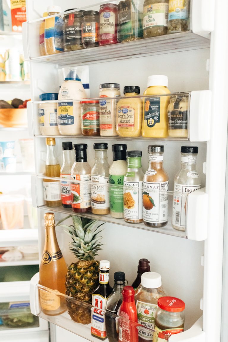 camille styles refrigerator - fresh fruits and veggies - how to stock your fridge- condiments - salad dressing - mustard