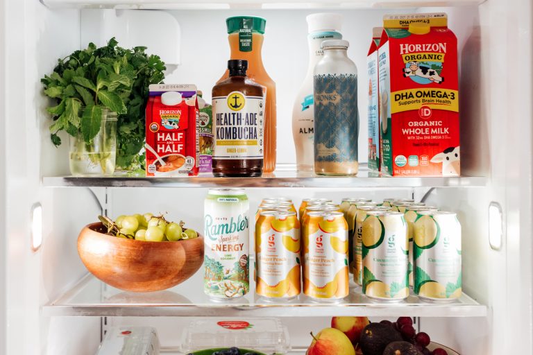 camille styles refrigerator - fresh fruits and veggies - how to stock your fridge-sparkling waters-beverages-kombucha