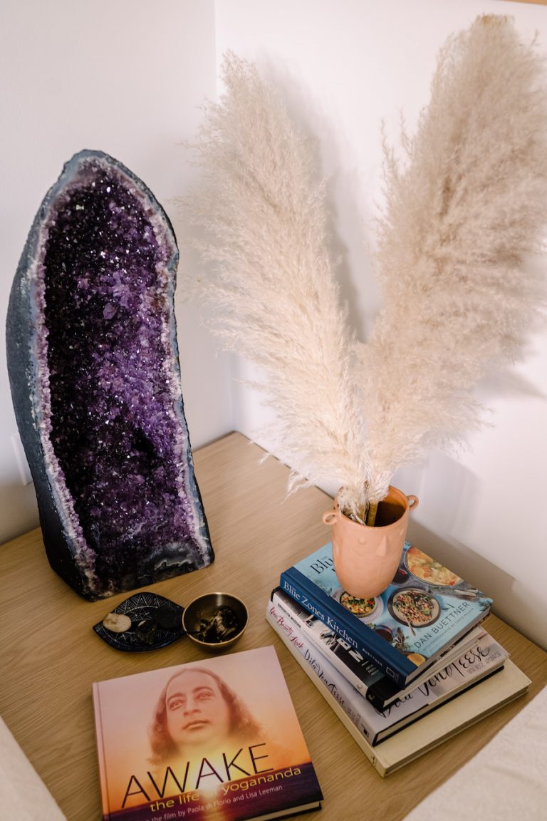 Kimberly Snyder's home office, crystals, books, zen