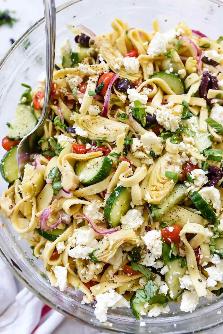 Greek pasta salad with cucumbers and artichoke hearts