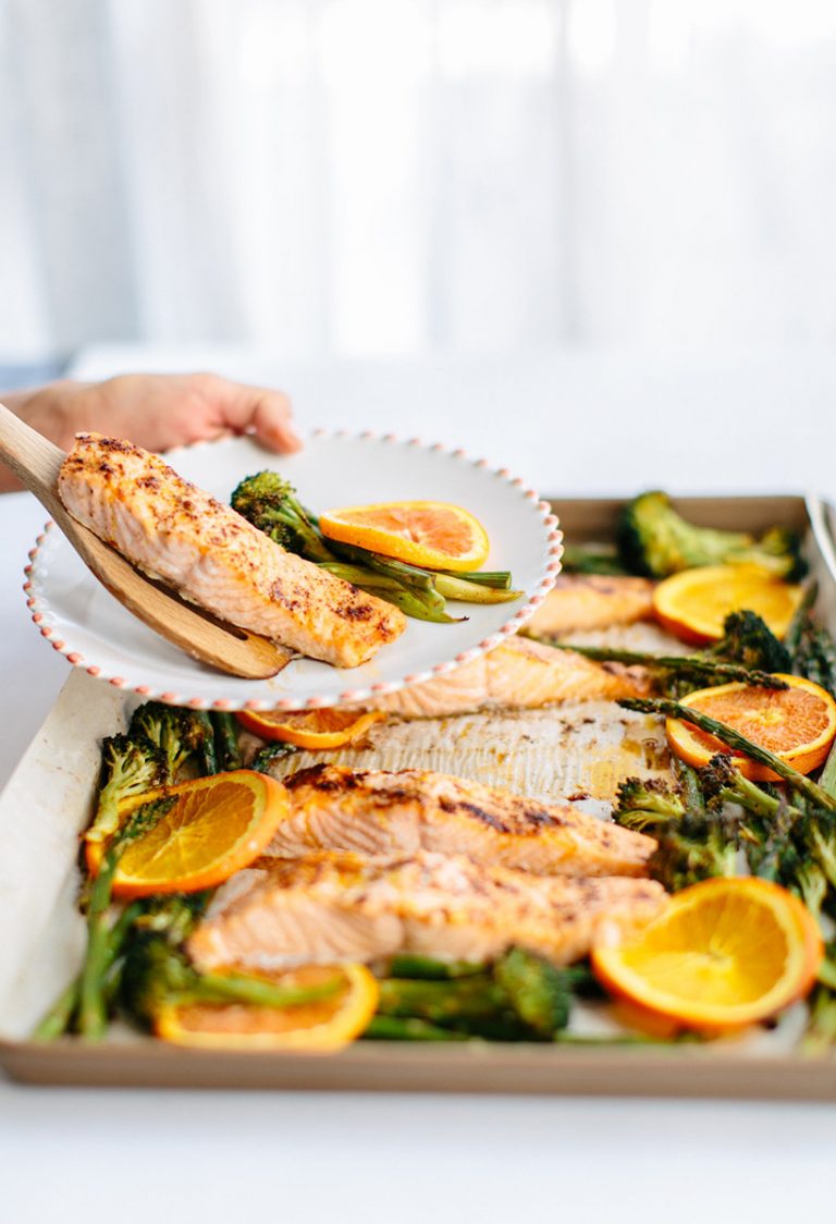 Roasted Chili-Orange Salmon with Garlic & Green Veggies — Camille Styles