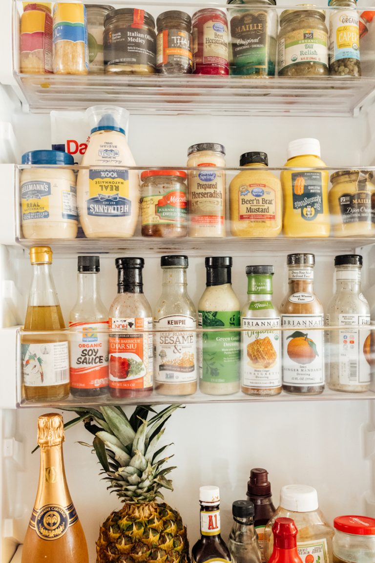 camille styles refrigerator - fresh fruits and veggies - how to stock your fridge- condiments - salad dressing - mustard