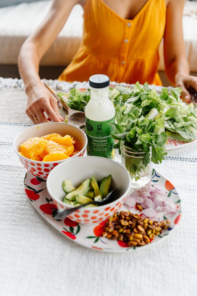 summer dinner party in the yard, salad, yellow dress