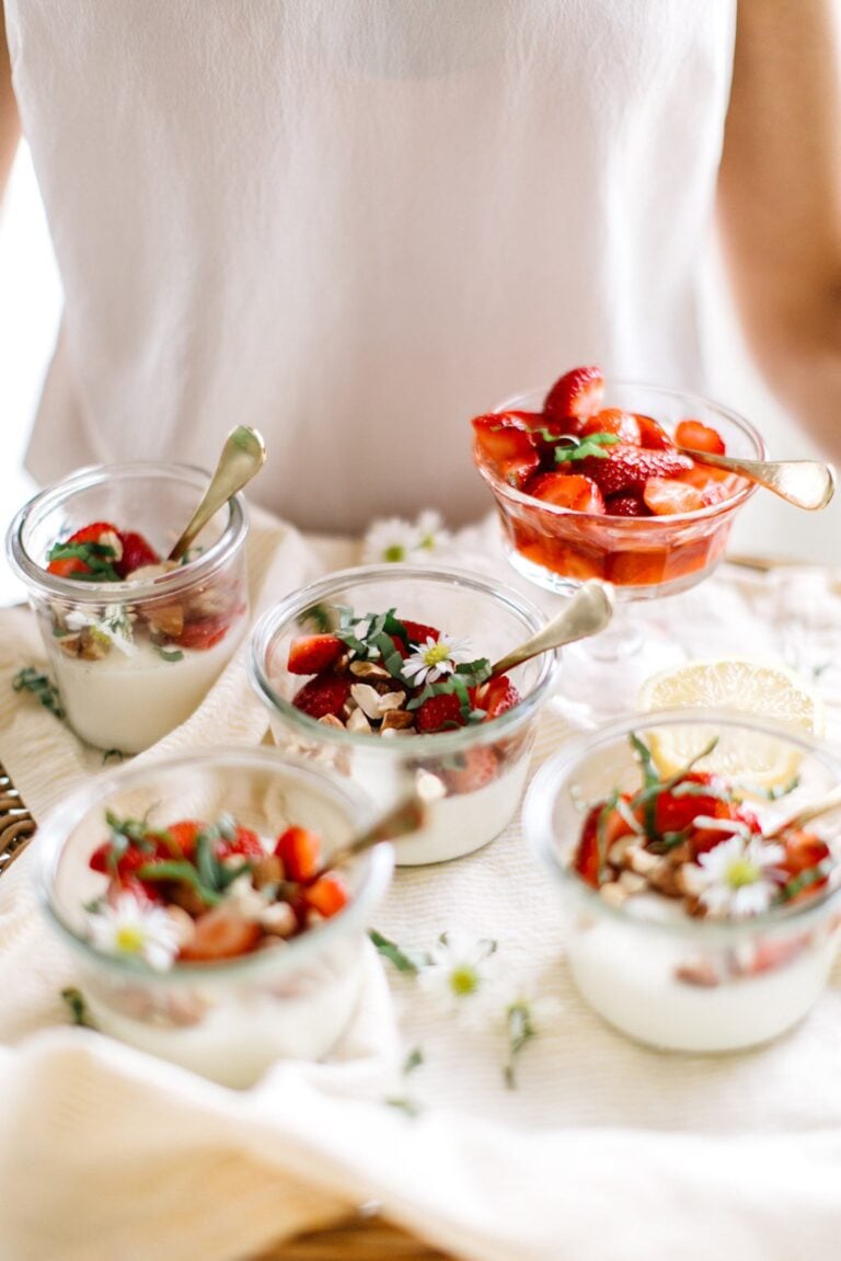 Vanilla Panna Cotta with Strawberries, Basil, & Almonds