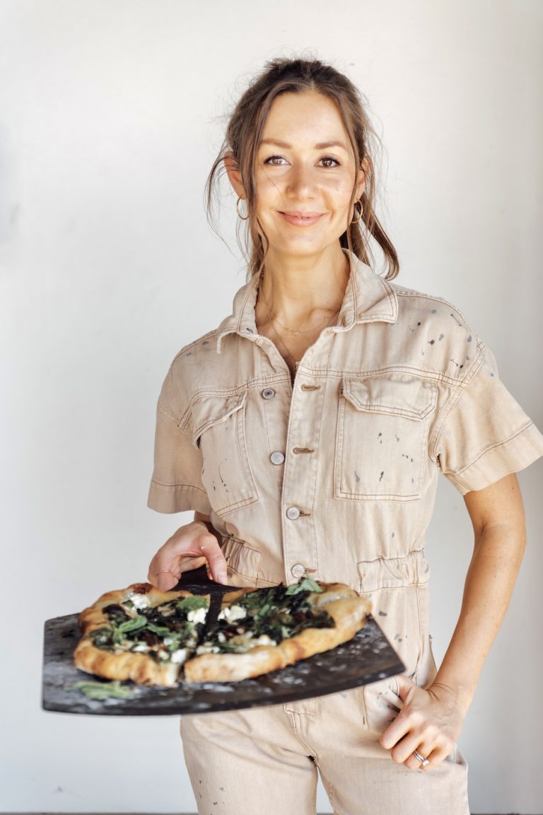 Camille Styles spinach ricotta homemade pizza recipe made with baked stone in pizza