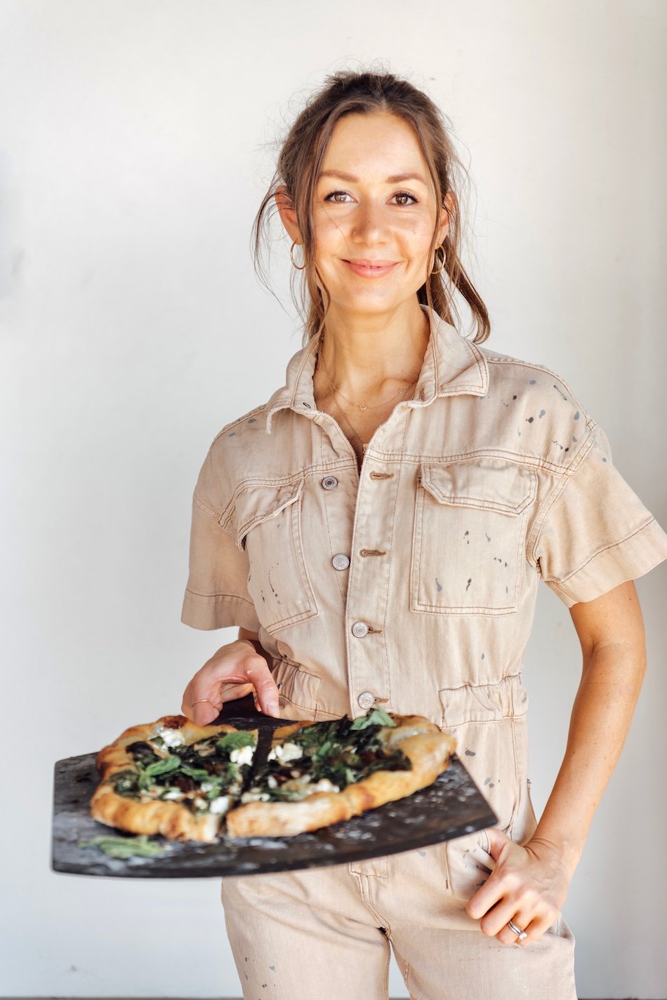 Camille Styles spinach ricotta homemade pizza recipe baked in oven on pizza stone