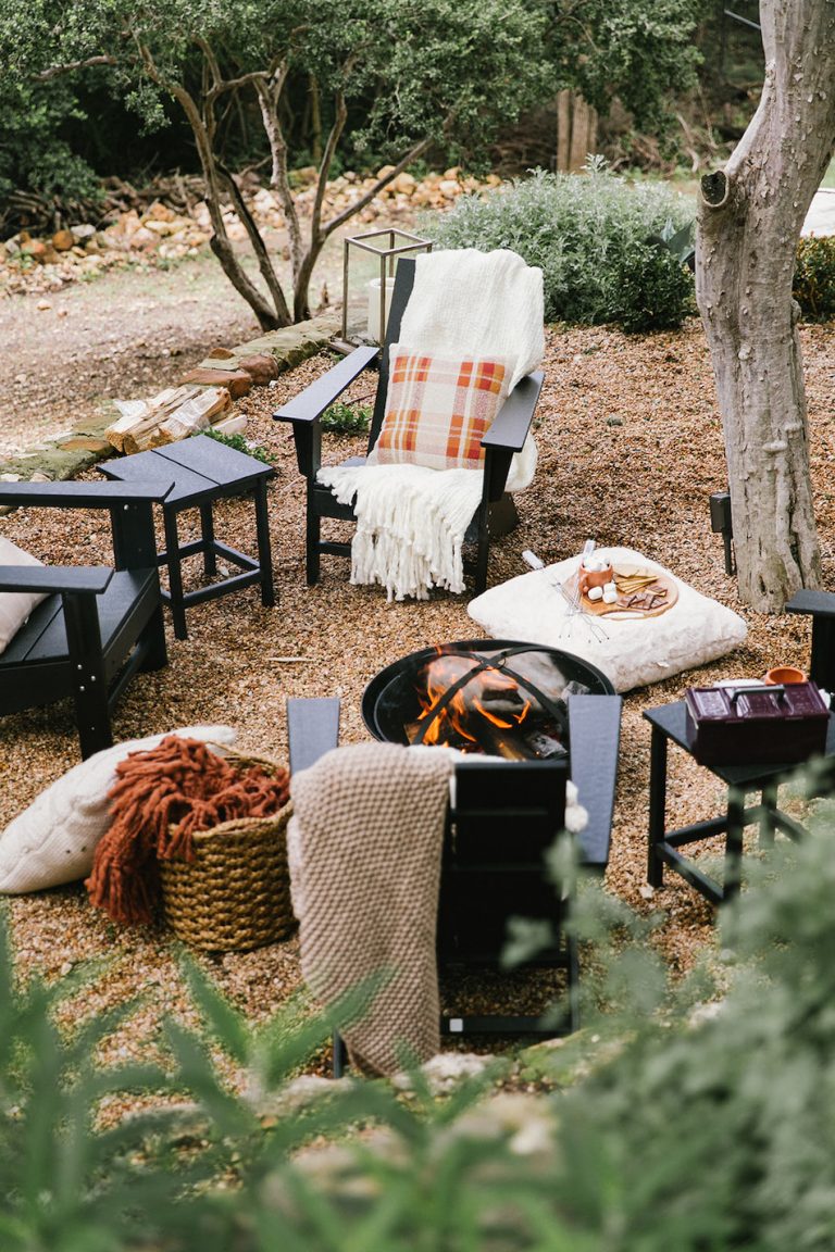 fire pit with s'mores, backyard game night to celebrate fall with target, cozy, blankets and throws