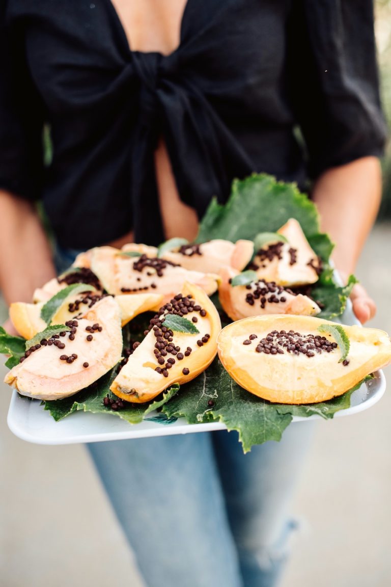 fruity sorbet in hollowed out papaya, summer dessert, malibu farm dinner party