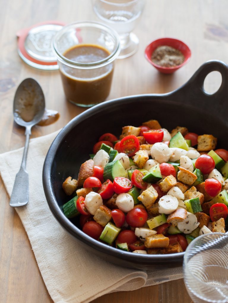 panzanella salad - spoon bacon fork