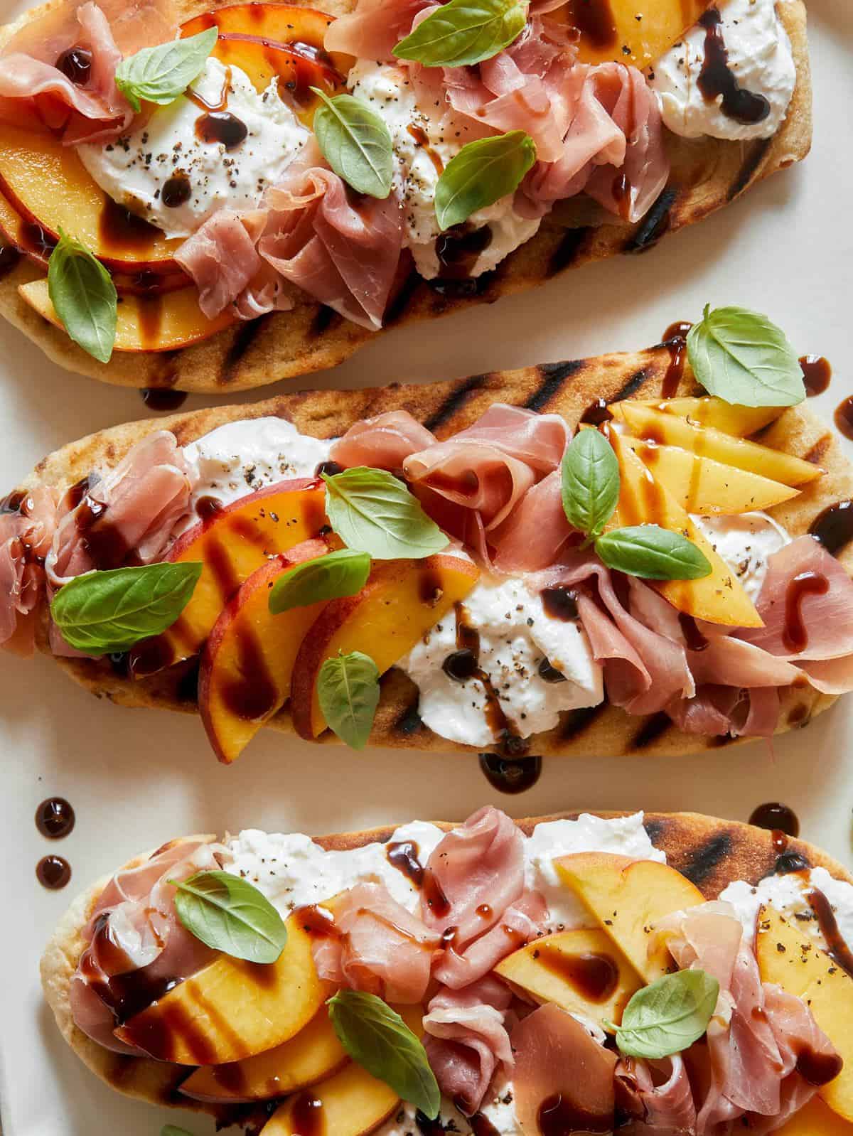Grilled flatbreads with peach, prosciutto, and cheese - Spoon Fork Bacon