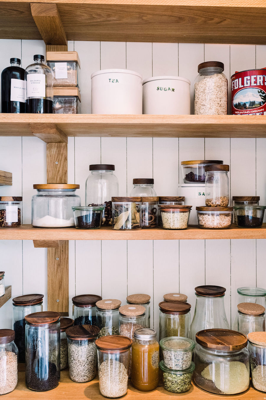 Organized pantry - modern farmhouse kitchen, Helene Henderson home - Malibu Farm