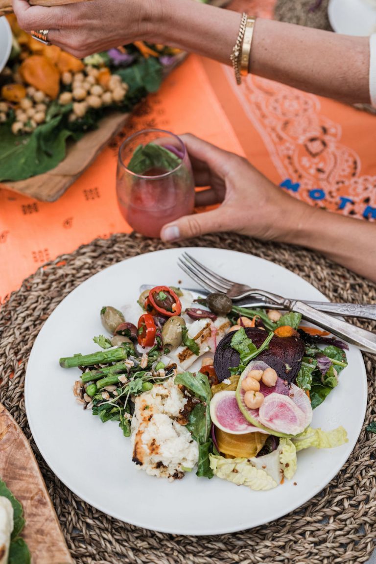 grilled fish with olives colorful plate from malibu farm sunrise to sunset - summer dinner party, fresh veggies, helene henderson -malibu farm 