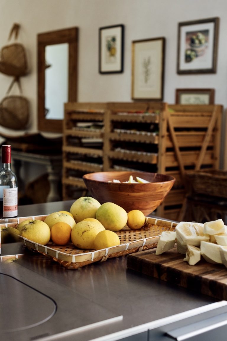 pomelo and lemons, citrus fruit, on the kitchen counter at plumcot farm