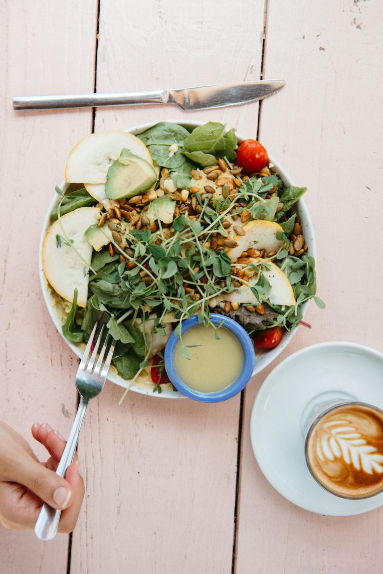 Salad and latte at Better Half in Austin, Texas.