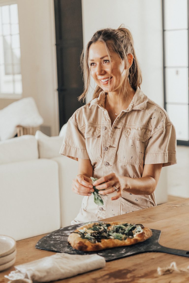 Camille Styles spinach ricotta homemade pizza recipe baked in oven on pizza stone