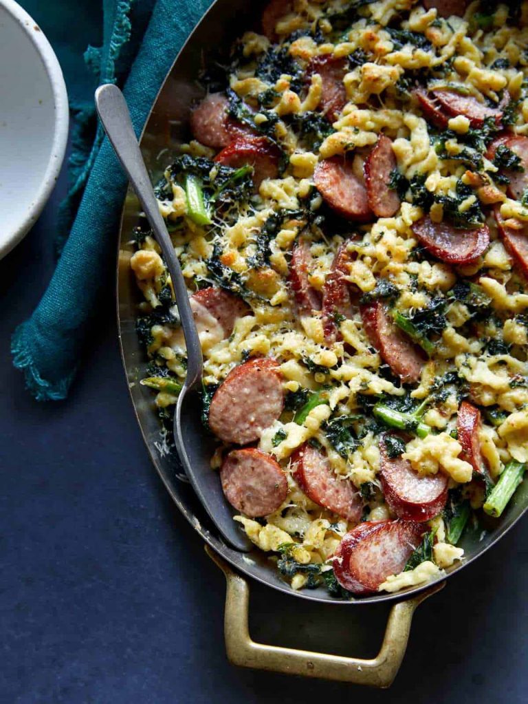 sausage kale spatzel bake from spoon fork bacon