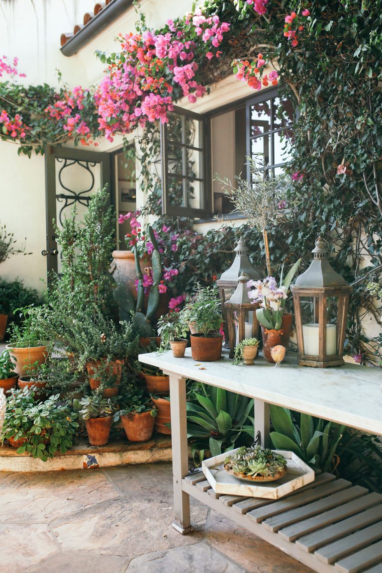 Valerie Rice dinner party in Santa Barbara, bougainvillea and mediterranean house exterior